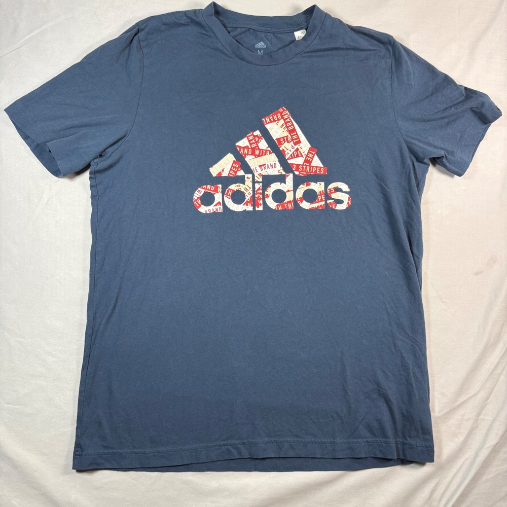 Adidas Mens Graphic Logo T-Shirt Medium Navy Blue 3 Stripes Tape Print GL3702